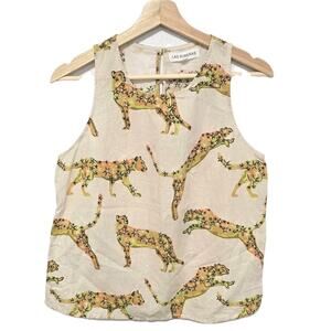 Las Surenas Cotton Linen Beige Tiger Floral Shirt Size L Sheath Tank Top Resort